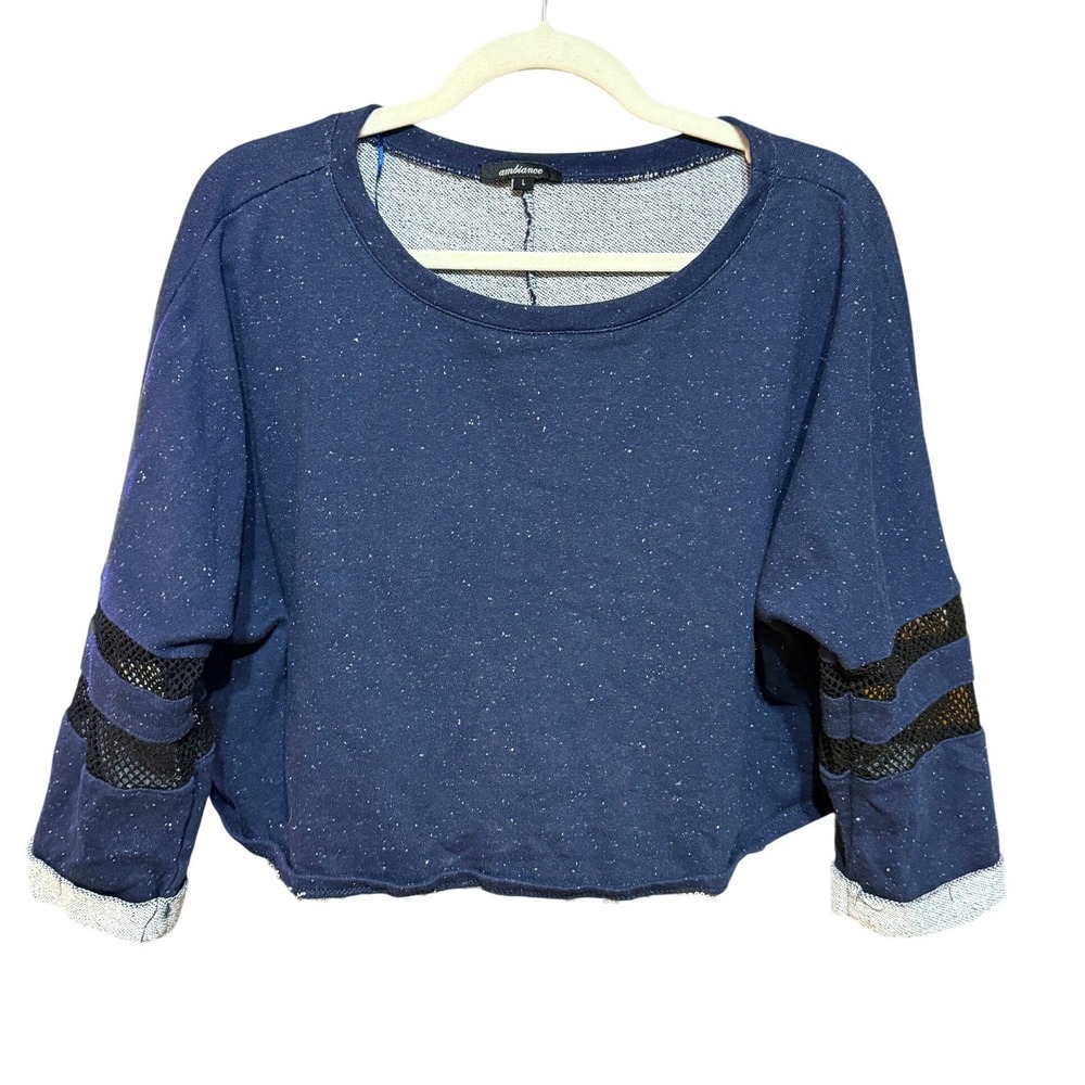 Ambiance Navy Blue Speckled Cropped Sweatshirt Mesh Sleeve Detail Large